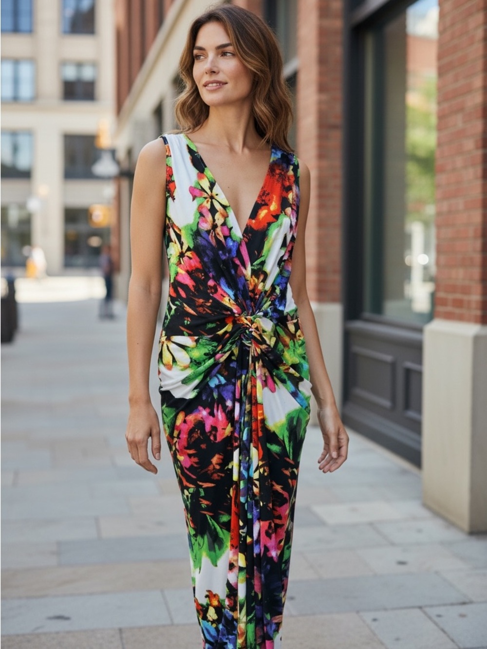 VENUS Multicolor Floral Knot-Front Maxi Dress - Black Base